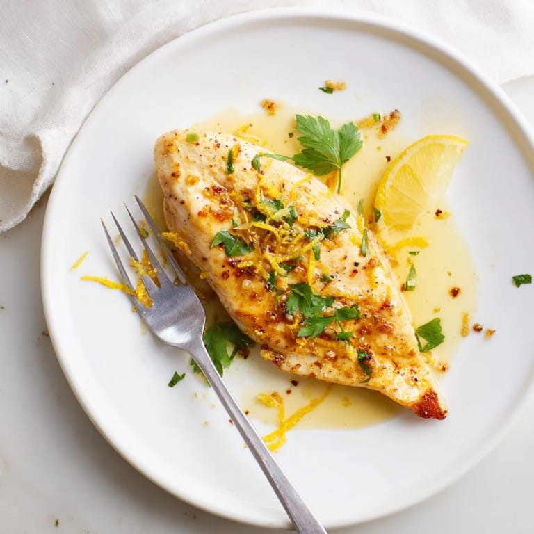 Lemon Pepper Chicken on a dinner plate alongside mashed potatoes and green beans, steaming with aromatic citrus and black pepper.
