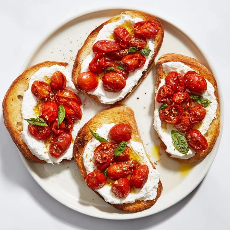 Fresh Tomato Ricotta Toast garnished with basil, served as a Mediterranean-inspired breakfast or snack.