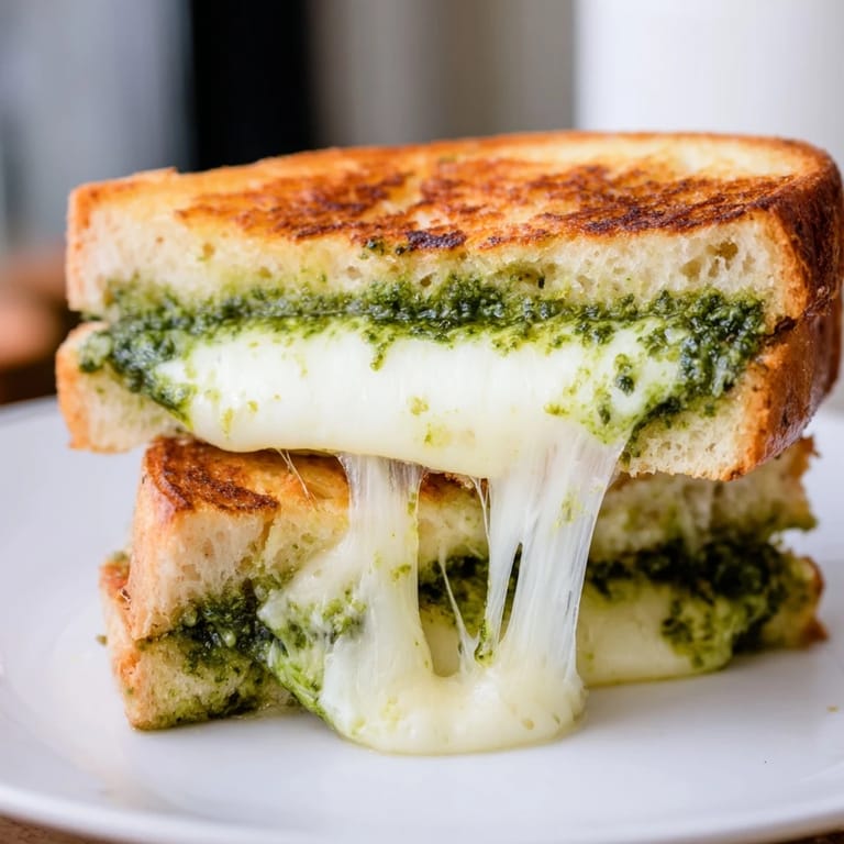 Close-up of crispy Sourdough Pesto Grilled Cheese, revealing vibrant basil pesto and sharp cheddar between thick slices.