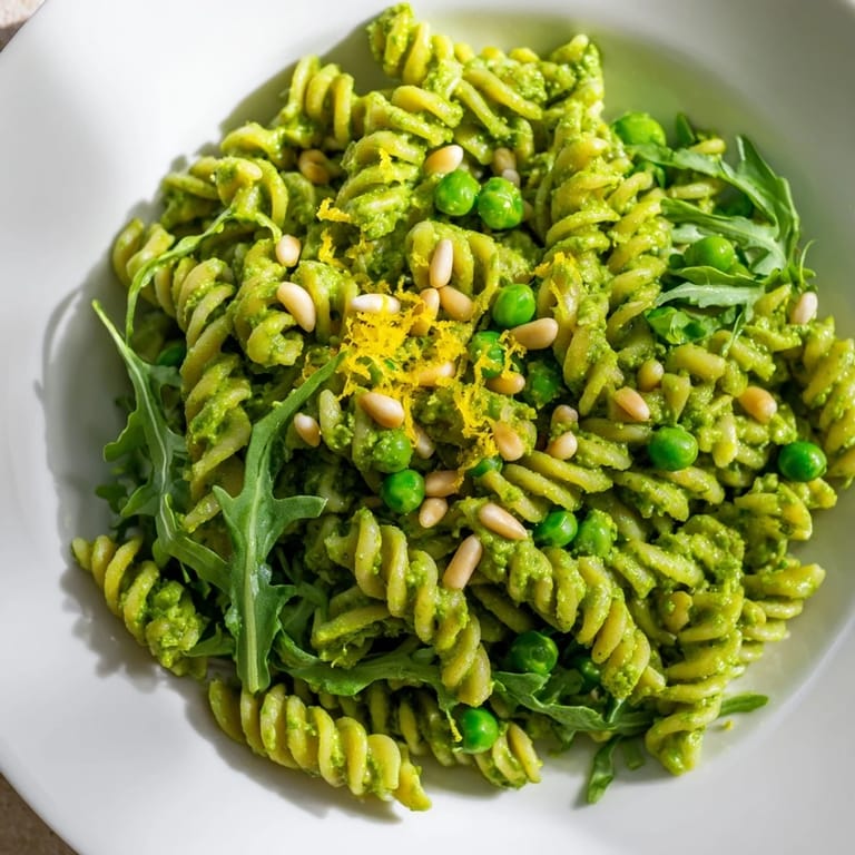 Freshly prepared Spring Green Pesto Pasta Salad garnished with toasted pine nuts and lemon zest, served on a picnic blanket for a spring lunch.