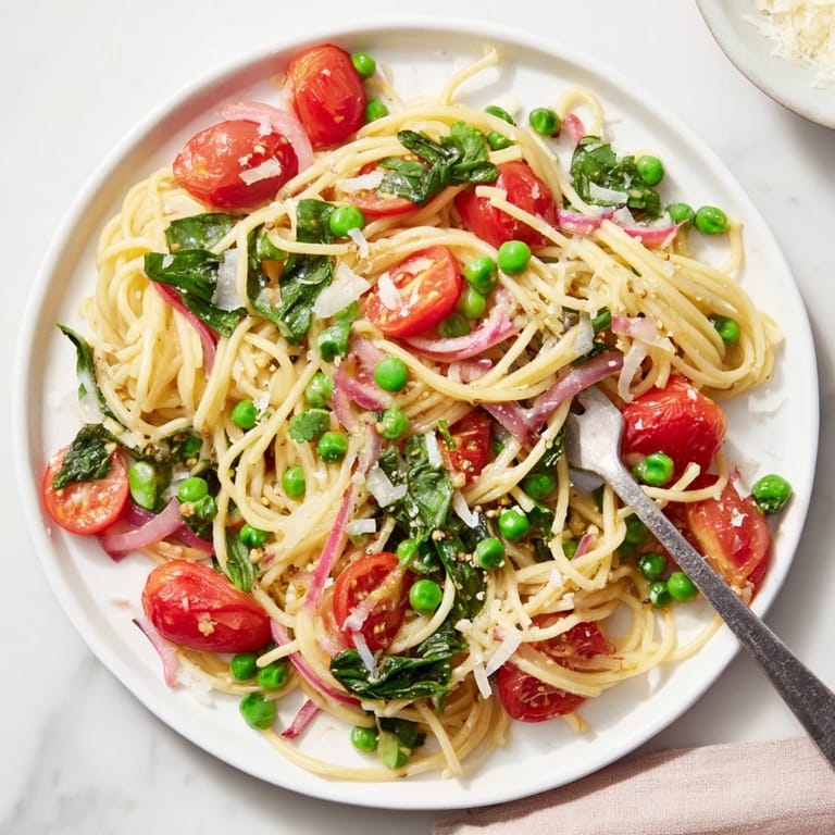 A close-up of Spring Veggie One-Pot Spaghetti featuring peas, spinach, and cherry tomatoes in a savory broth.