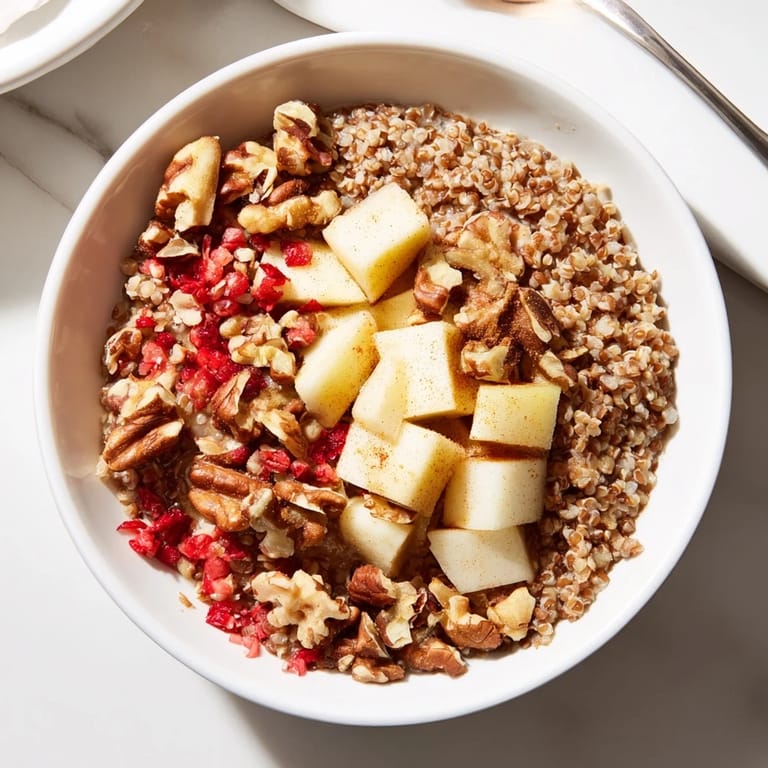 Fluffy buckwheat groats with mixed nuts and diced fruit, served with milk for a cozy start.