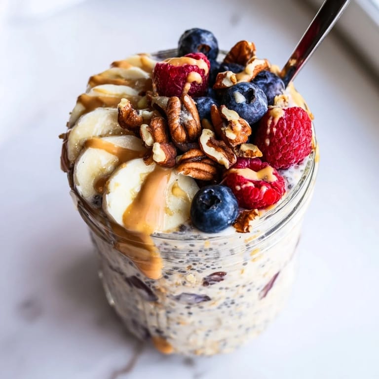 Stirring a jar of Overnight Oats With Chia Seeds and Greek yogurt, ready to be enjoyed with fresh fruit for a nutritious morning meal.