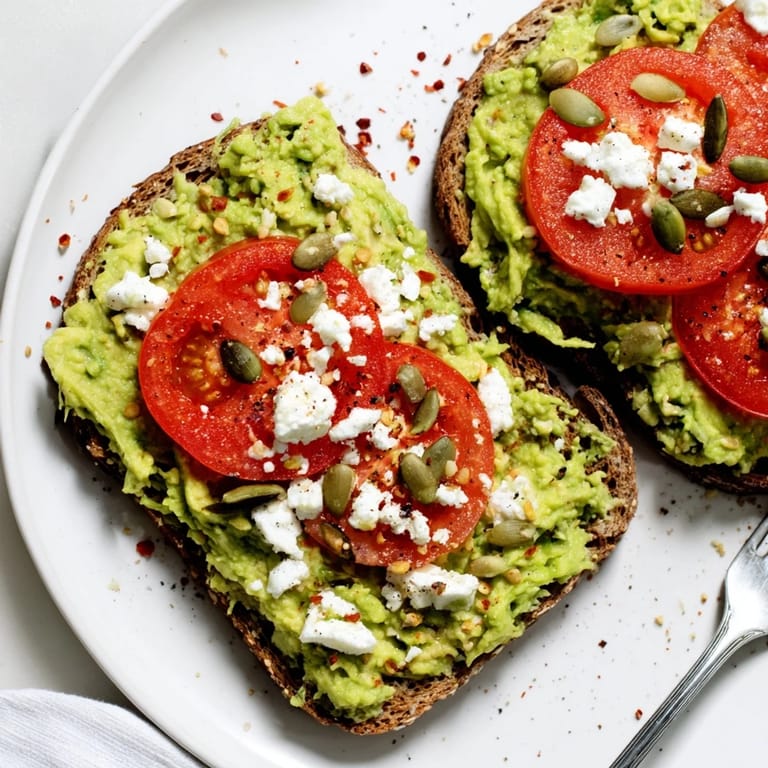 A vibrant serving of avocado toast on whole grain bread with lemon juice and optional red pepper flakes.