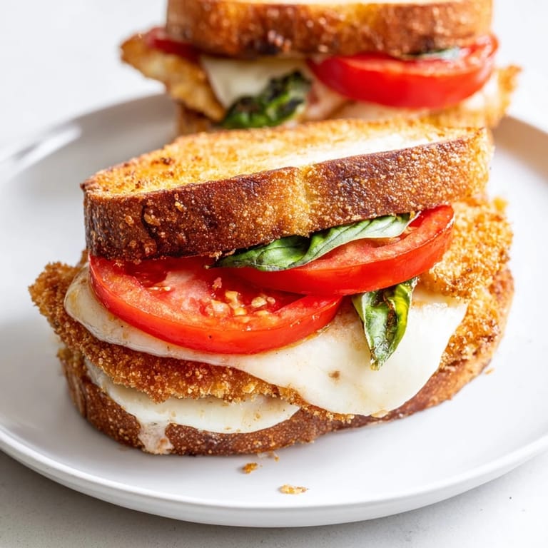 Up close view of the crispy chicken caprese sandwich showing a crunchy panko crust and juicy tomato nestled in ciabatta bread.