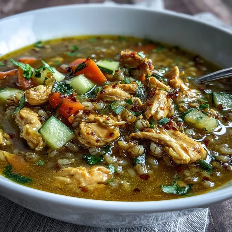 Steaming bowl of Soothing Turmeric Chicken With Pearl Barley, garnished with parsley.