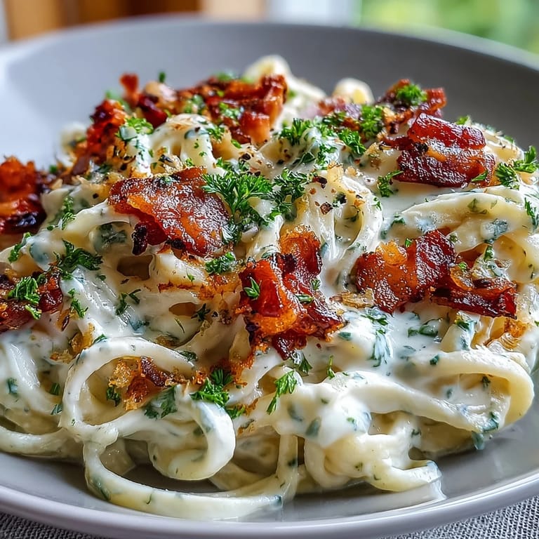 A close-up of Celeriac Carbonara shows golden pancetta bits and shiny noodles coated in a velvety sauce.