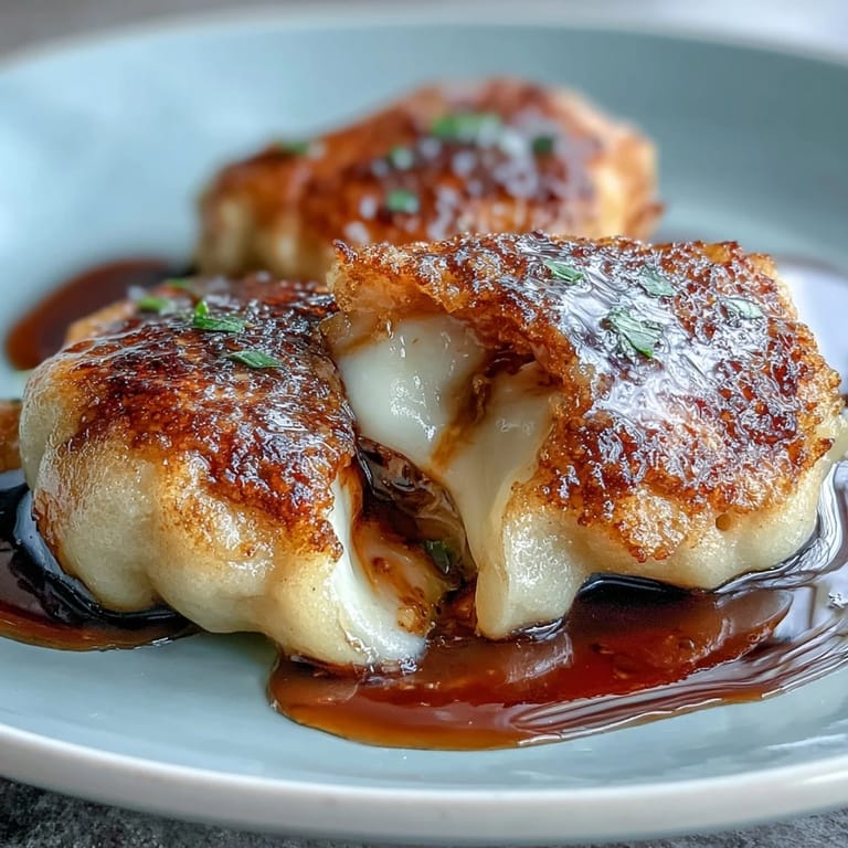 A close-up view of Chīzu Imomochi where the mochi is sliced open to reveal a molten cheese center.