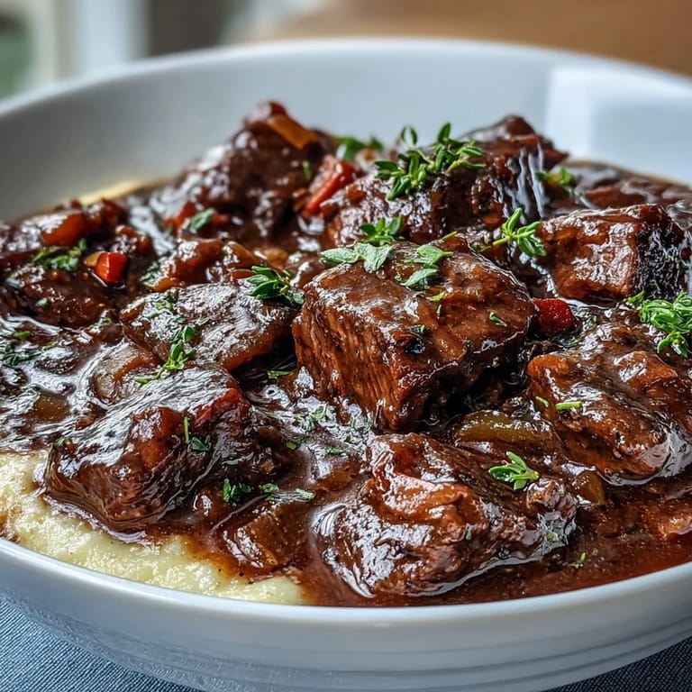 A spoon lifting tender venison and vegetables from the Venison Stew with Sloe Gin.