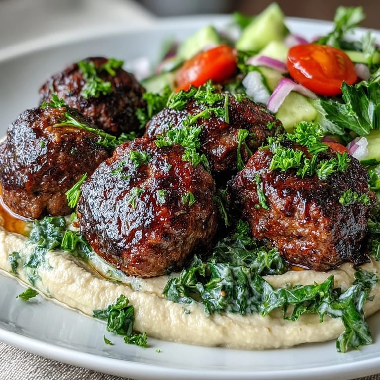Juicy venison meatballs served beside crisp spiced salad and creamy hummus on plate.