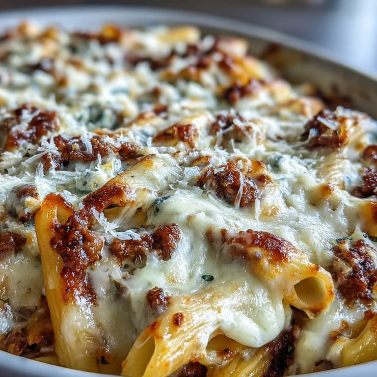 A freshly baked Cottage Cheese Protein Pasta Bake with Ground Beef beside fresh basil and a serving spoon, ready for dinner.
