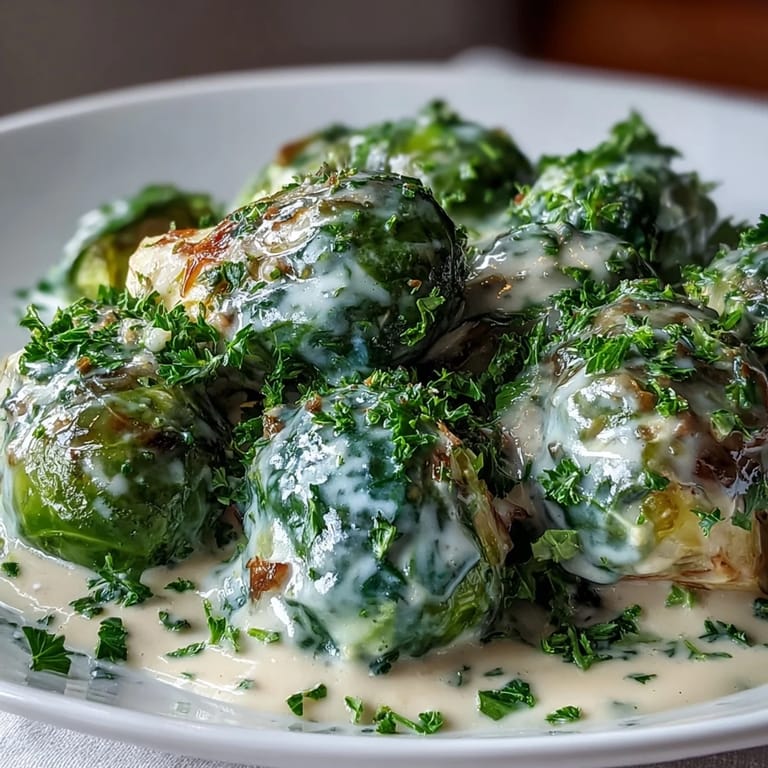 Tender Brussels sprouts in a rich Dijon mustard and cream cheese sauce, ready to serve as a savory vegetarian dinner.