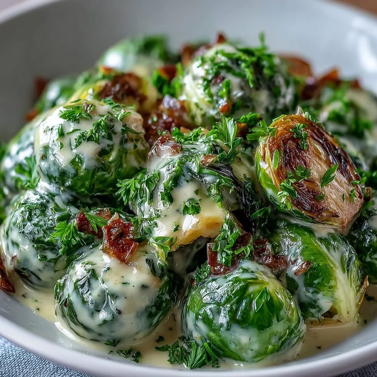 Close-up of Brussels sprouts in a silky cream cheese mustard sauce, perfect for a hearty German-inspired vegetarian meal.