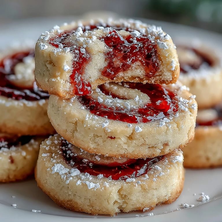 Homemade Raspberry Swirl Shortbread Cookies feature a crisp buttery texture and a sweet tangy raspberry jam filling.