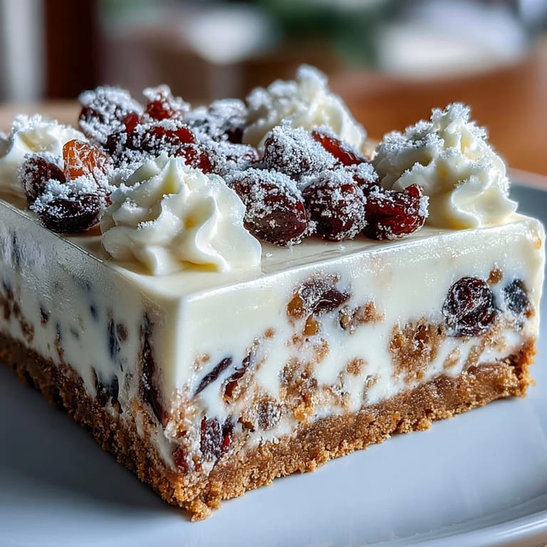 Decadent Christmas Cheesecake Slab squares on a rustic wooden board, garnished with cinnamon-spiced dried fruit toppings.