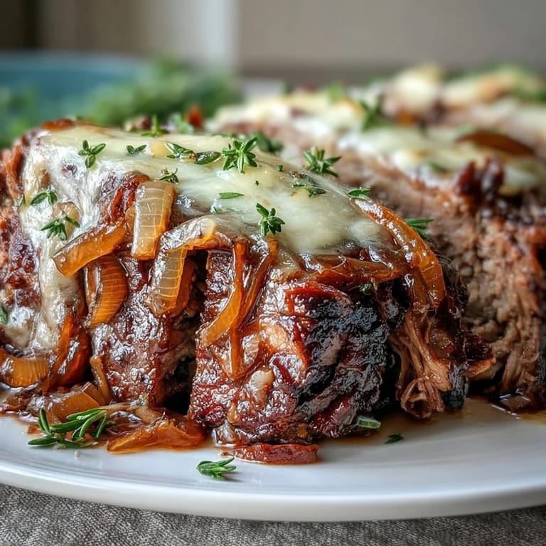 Steaming Savory Crock Pot French Onion Pot Roast served with crusty bread and rich, wine-infused juices.