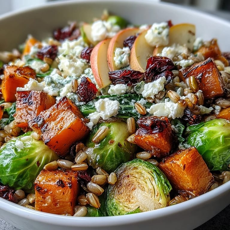 A nourishing Fall Vegetable Bowl featuring wilted kale and caramelized apples over farro, finished with dried cranberries for a pop of autumn flavor.