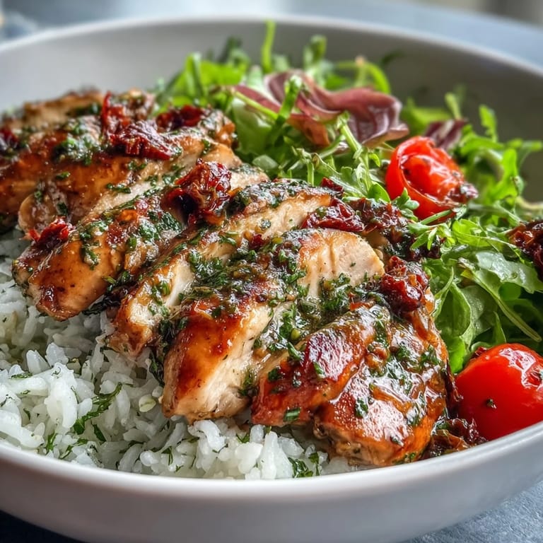Vibrant bowl of tender Sun-Dried Tomato Chicken Bowl served over white rice with a lemony salad.
