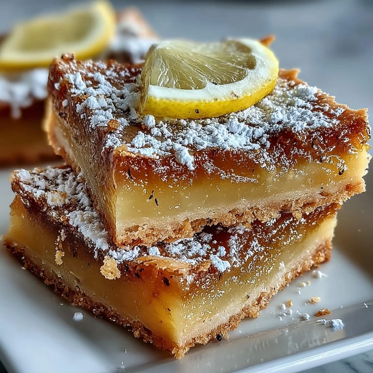 Dusted with powdered sugar, these Earl Grey Tea, Guava, and Lemon Bars are served on a white ceramic plate.