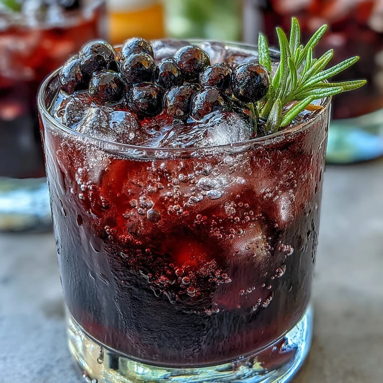 A Black Currant Rosemary Cocktail shaking with ice, aromatic rosemary oils releasing over deep purple bourbon.