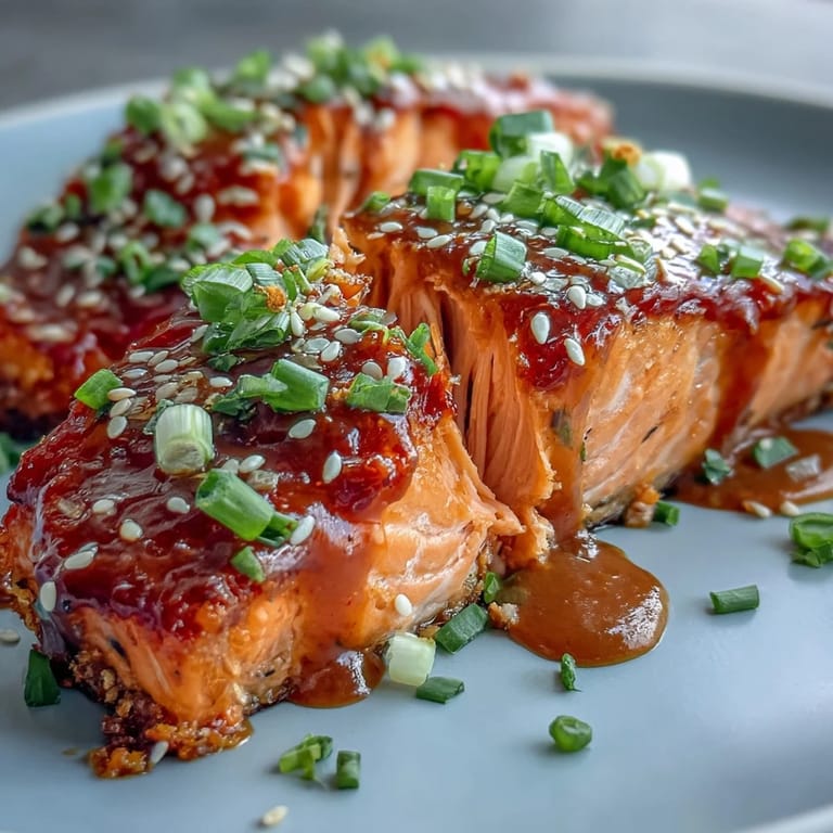 Easy weeknight Bang Bang Salmon recipe, drizzled with vibrant orange sauce and sprinkled with fresh chopped scallions.