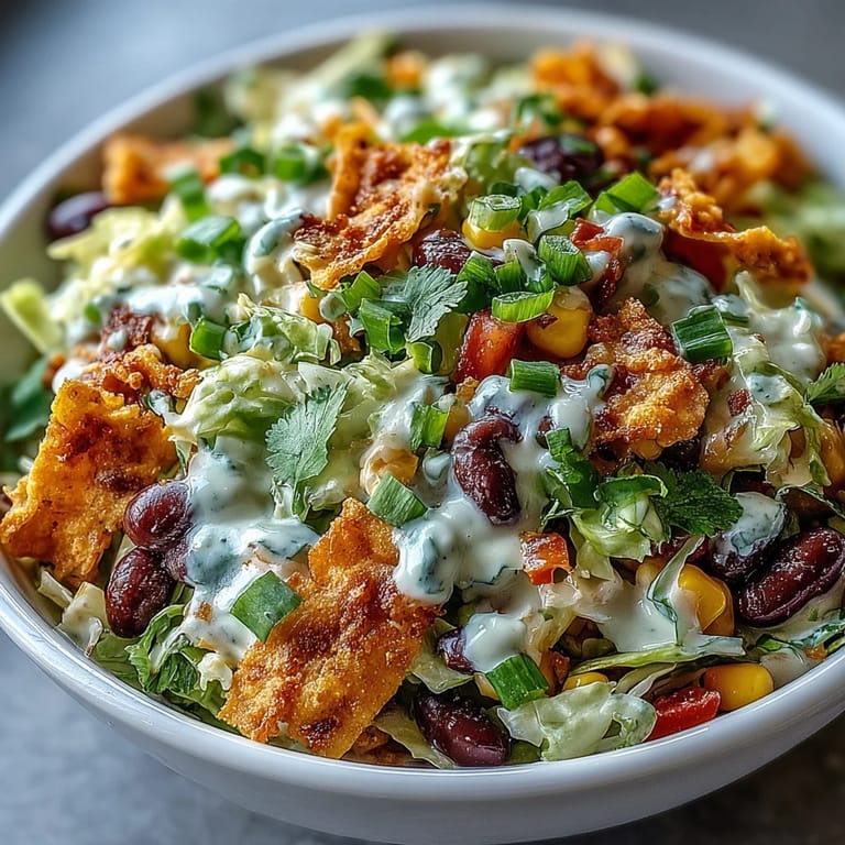 Zesty Frito Cowboy Cabbage salad with creamy chipotle dressing, black beans, and corn, served for a party.