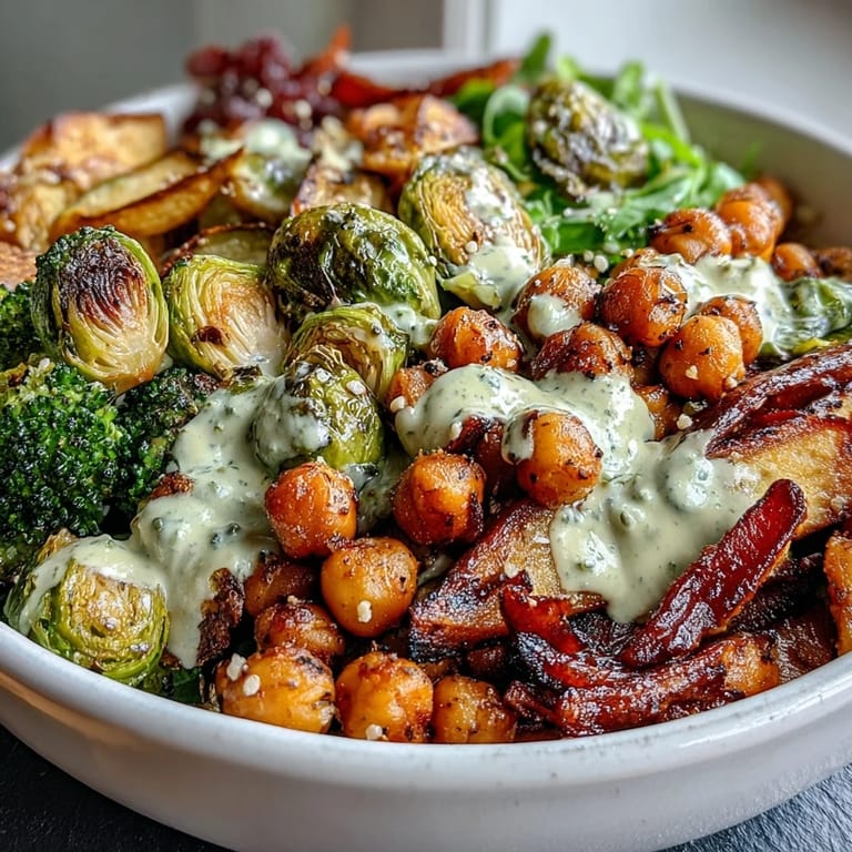 A hearty serving of Roasted Veggie & Chickpea Bowls topped with maple Dijon tahini dressing and fresh parsley.