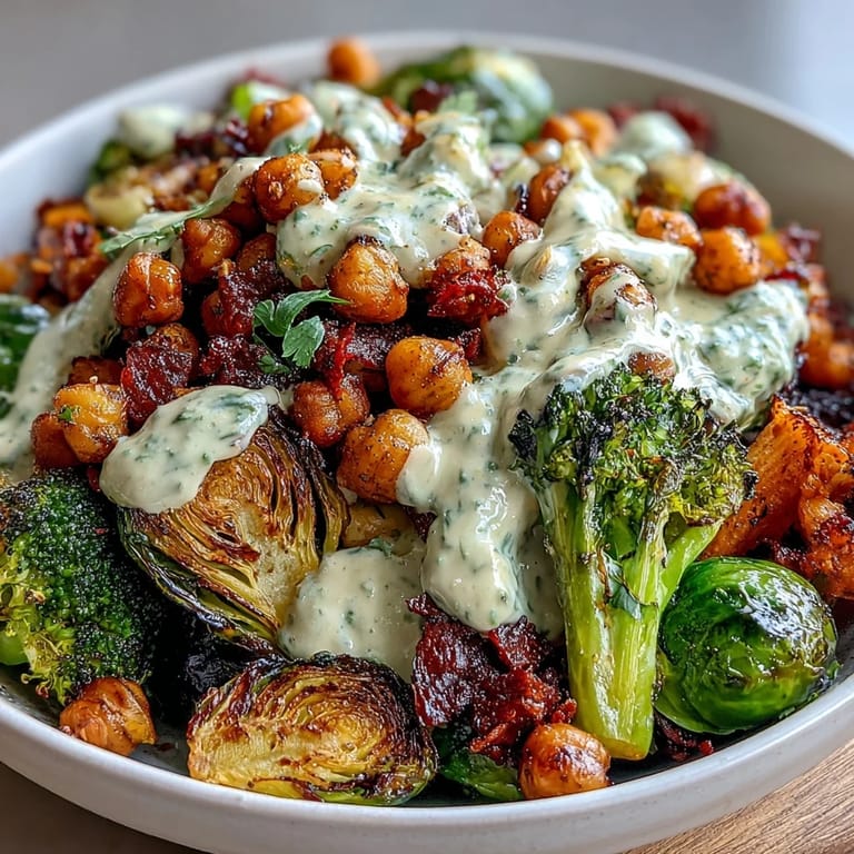 Vibrant roasted vegetables and crispy chickpeas served in a bowl with rich maple Dijon tahini sauce drizzled over.