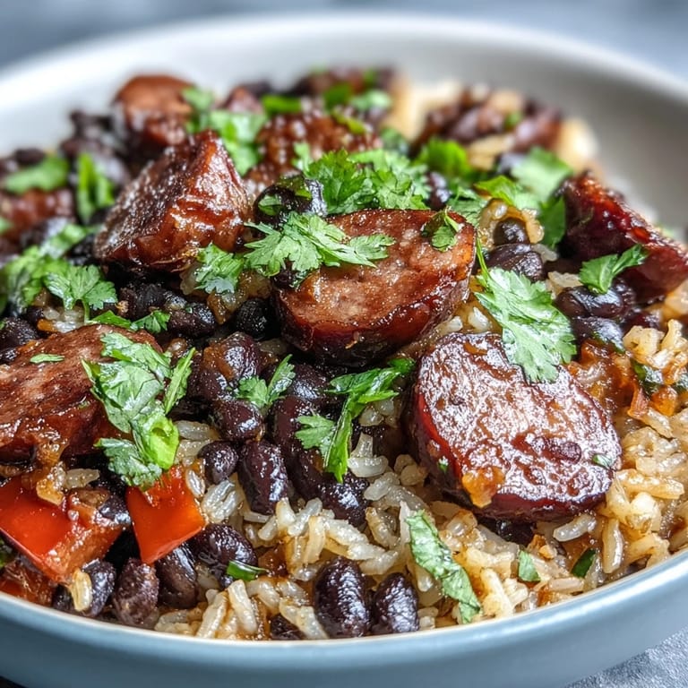Steam rises from a hearty Black Beans, Sausage, and Rice Skillet served in a rustic cast-iron pan.