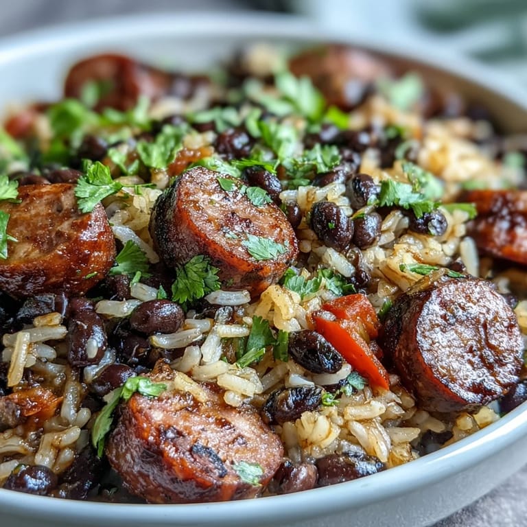 A spoon scoops into a savory Black Beans, Sausage, and Rice Skillet, revealing tender rice and beans.