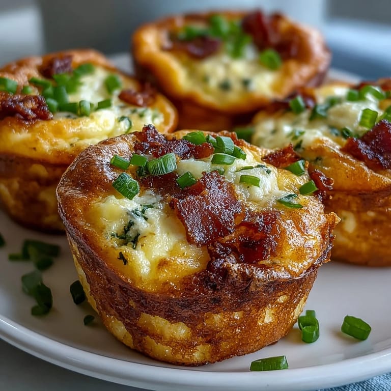 Twelve savory Ranch & Cheddar Egg Muffin Cups are arranged on a white plate, garnished with green chives for a fresh pop.