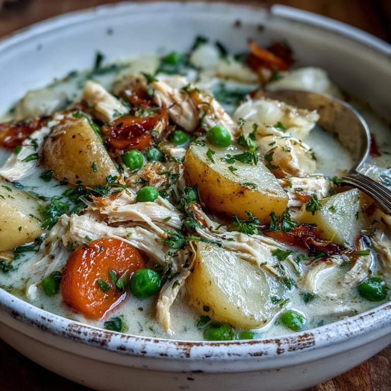 Creamy Chicken Pot Pie Soup served with a golden biscuit on a rustic table.