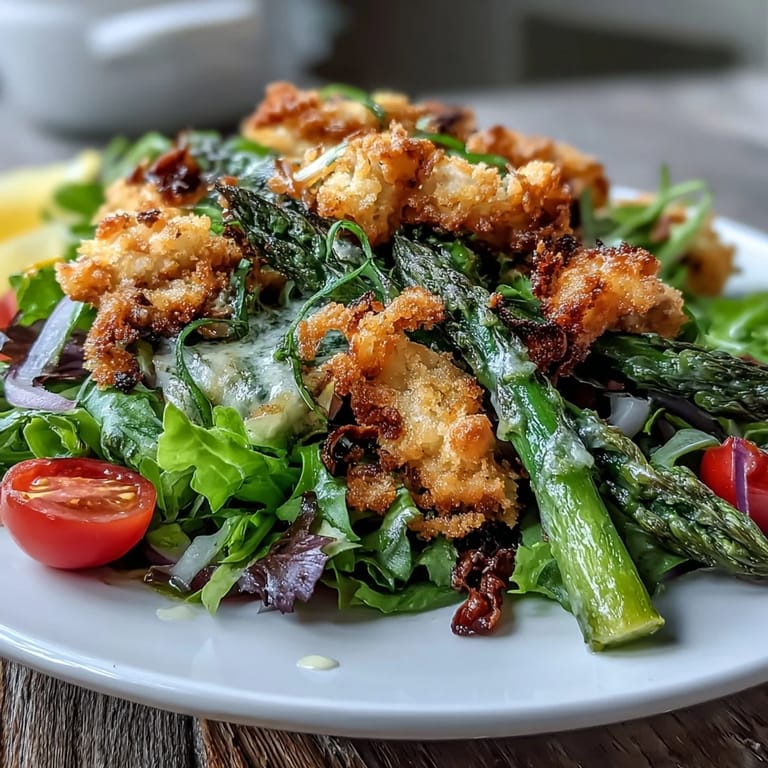 A hearty serving of Crispy Parmesan Asparagus Chicken Salad features golden baked asparagus, tender chicken, tomatoes, and bright lemon dressing on mixed greens.