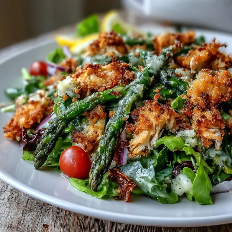 Fresh mixed greens topped with warm Crispy Parmesan Asparagus Chicken Salad, including golden breaded asparagus spears, shredded chicken, and cherry tomatoes.