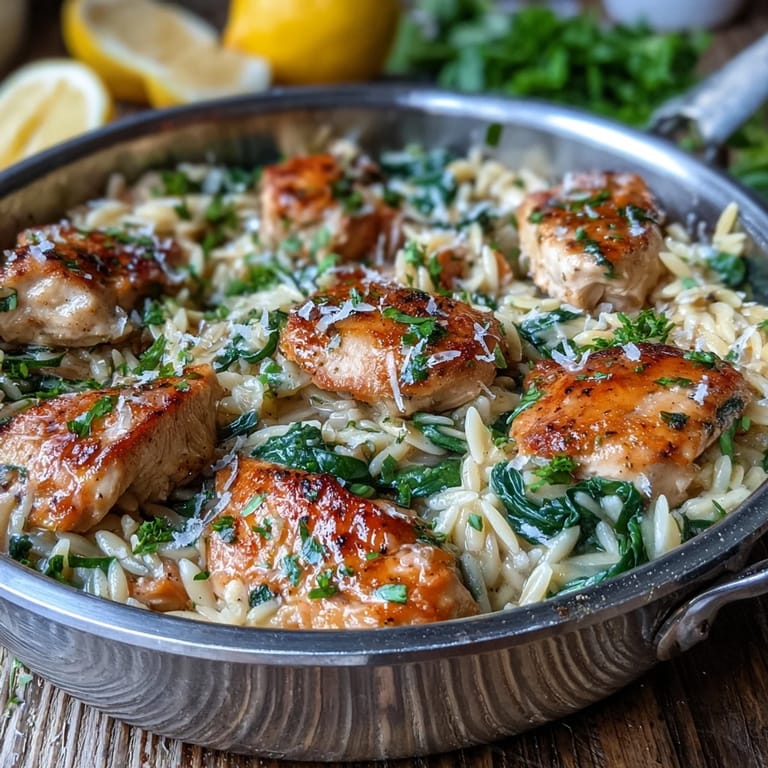A skillet of One-Pot Lemon Garlic Chicken and Orzo with Spinach sits beside lemon wedges and a linen napkin on a wooden table.