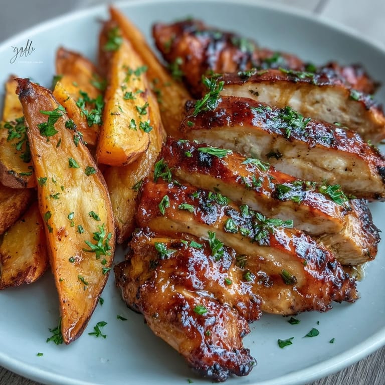Plated Honey Mustard Grilled Chicken with Roasted Sweet Potato Wedges, featuring juicy grilled chicken breasts and vibrant orange potato wedges with fresh parsley garnish.