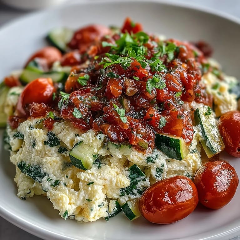 A close-up of Egg White Veggie Scramble with Salsa, garnished with fresh cilantro and ripe avocado slices.