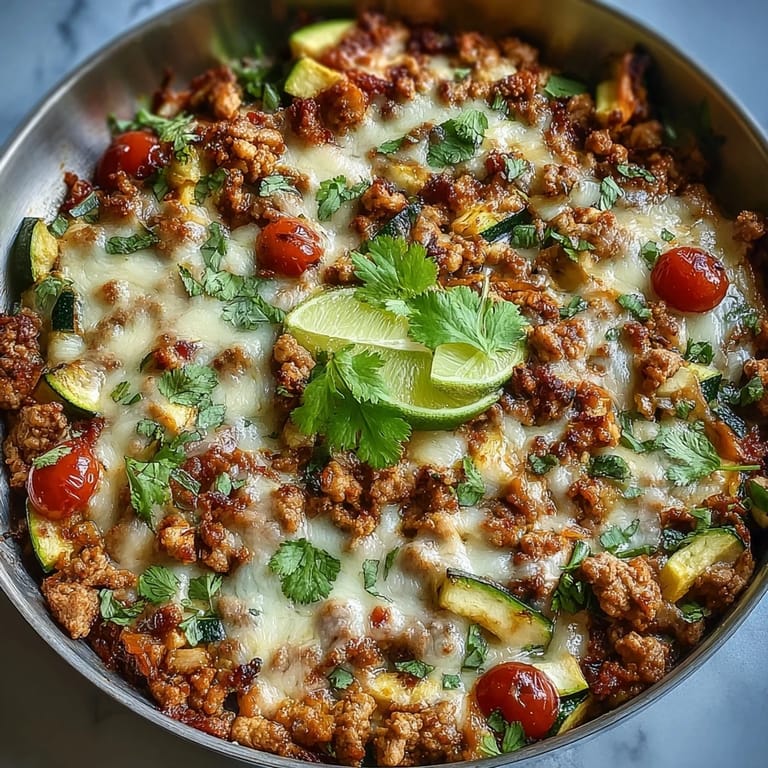 A vibrant, cheesy turkey taco zucchini skillet cooked in a single pan with fresh vegetables, smoky spices, and a squeeze of lime.