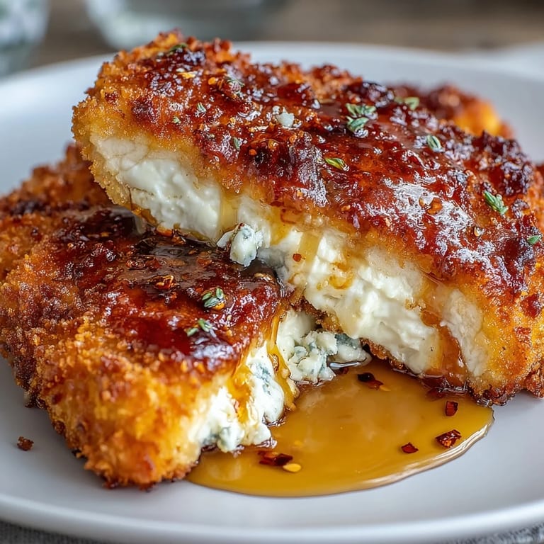 Pan-fried chicken breasts coated in seasoned breadcrumbs, topped with tangy feta, and finished with a drizzle of homemade hot honey for irresistible crunch.  