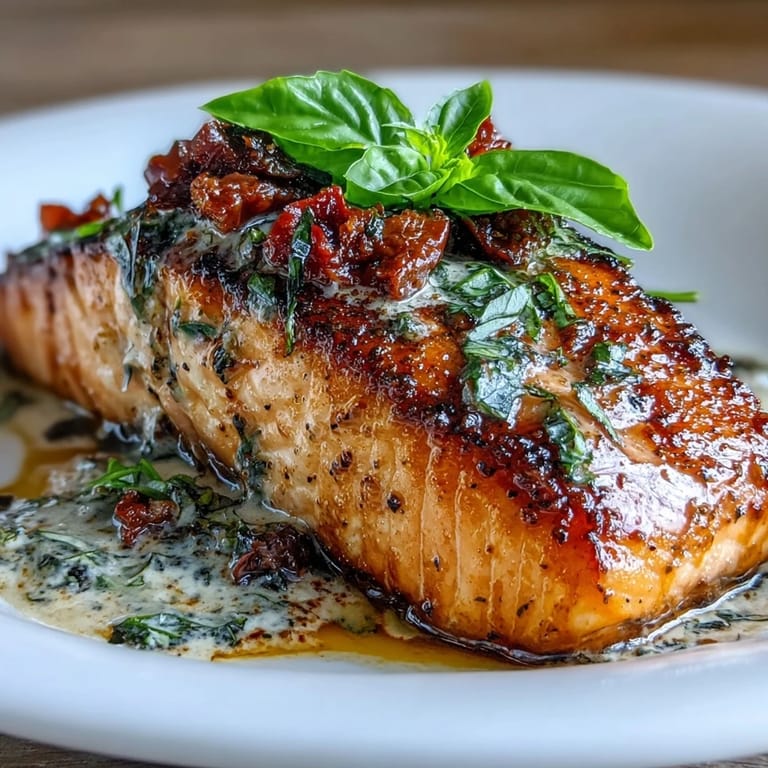 Elegant Marry Me Salmon with tender fish in a rich, velvety sauce, garnished with fresh basil.  
