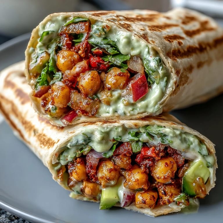 A colorful, plant-based Spicy Chickpea and Avocado Wrap packed with seasoned chickpeas, crisp bell peppers, and fresh greens.