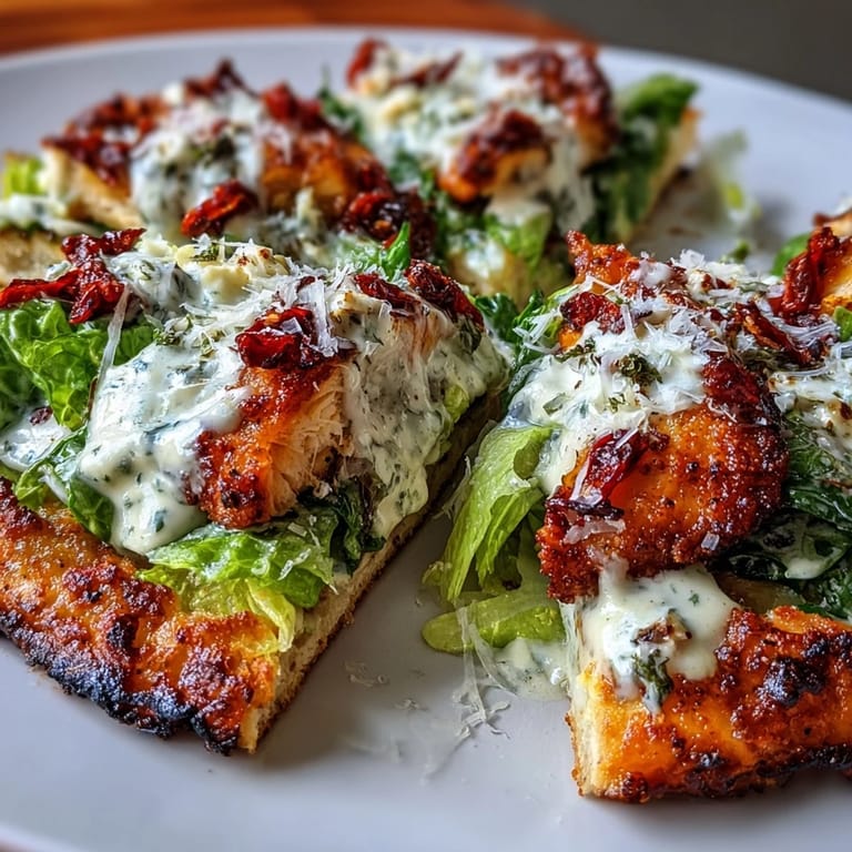 Crispy chicken-based pizza crust layered with fresh Caesar salad, sun-dried tomatoes, and a sprinkle of black pepper.