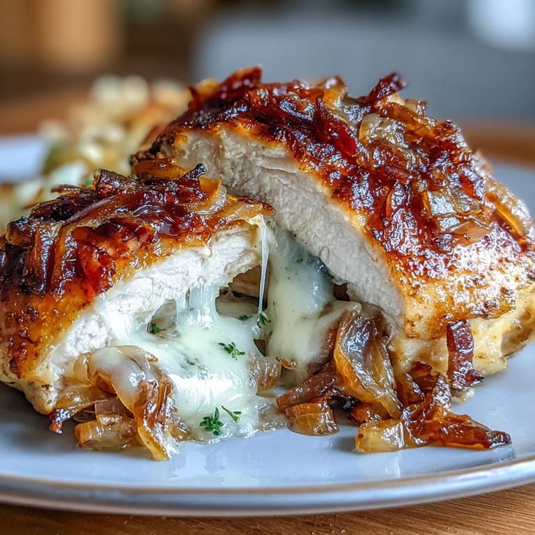 Savory stuffed chicken breasts filled with rich, slow-cooked onions and melted cheese, inspired by classic French onion soup flavors.