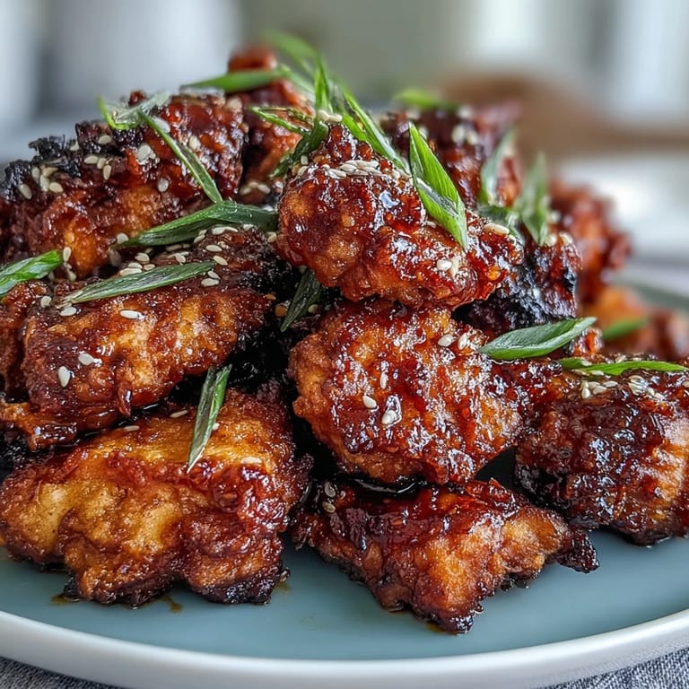 Golden air-fried chicken coated in a sticky, spicy gochujang glaze, topped with sesame seeds and green onions.  