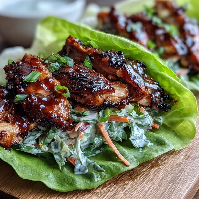 Crispy lettuce wraps loaded with smoky BBQ chicken and crunchy cabbage slaw, offering a low-carb, gluten-free, and satisfying main dish.