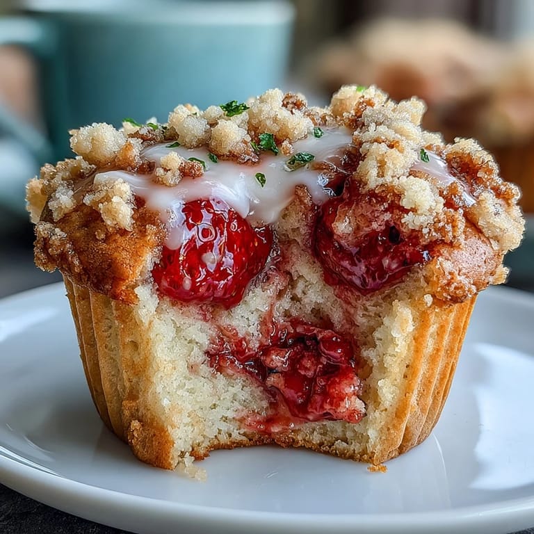 Fluffy strawberry muffins crowned with buttery crumble and zesty lemon, a delightful breakfast or snack treat.