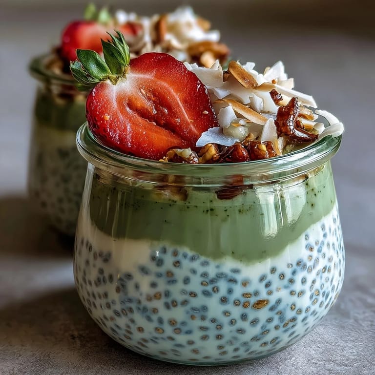 Beautiful layered breakfast jars with strawberry chia pudding, matcha cream, and fresh fruit toppings for a refreshing snack.