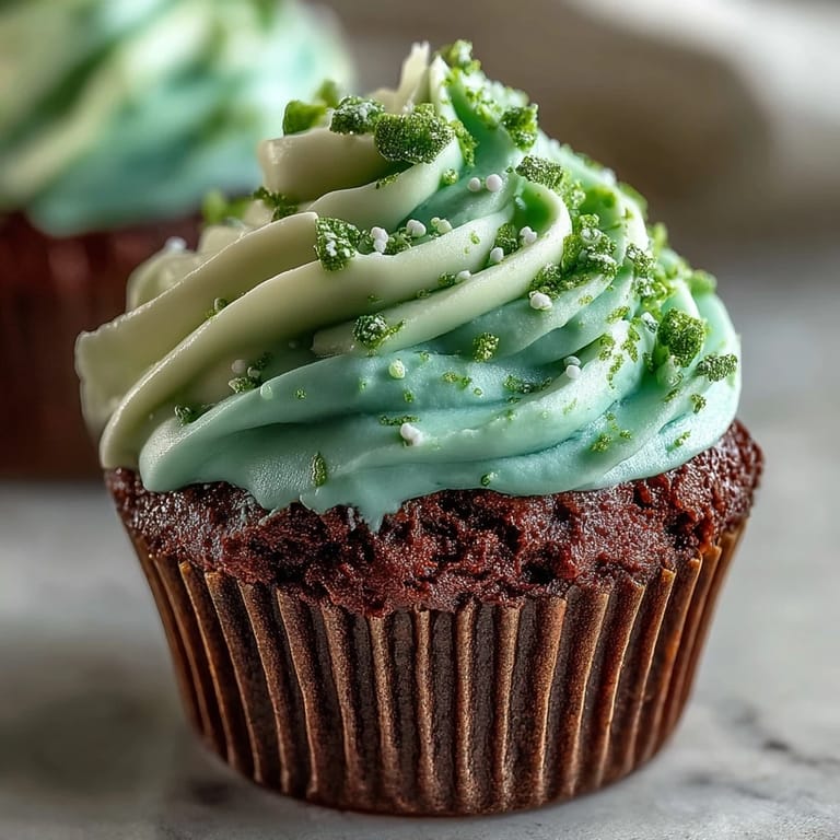 Moist and fluffy green velvet cupcakes topped with smooth vanilla cream cheese frosting, ideal for a festive dessert table.