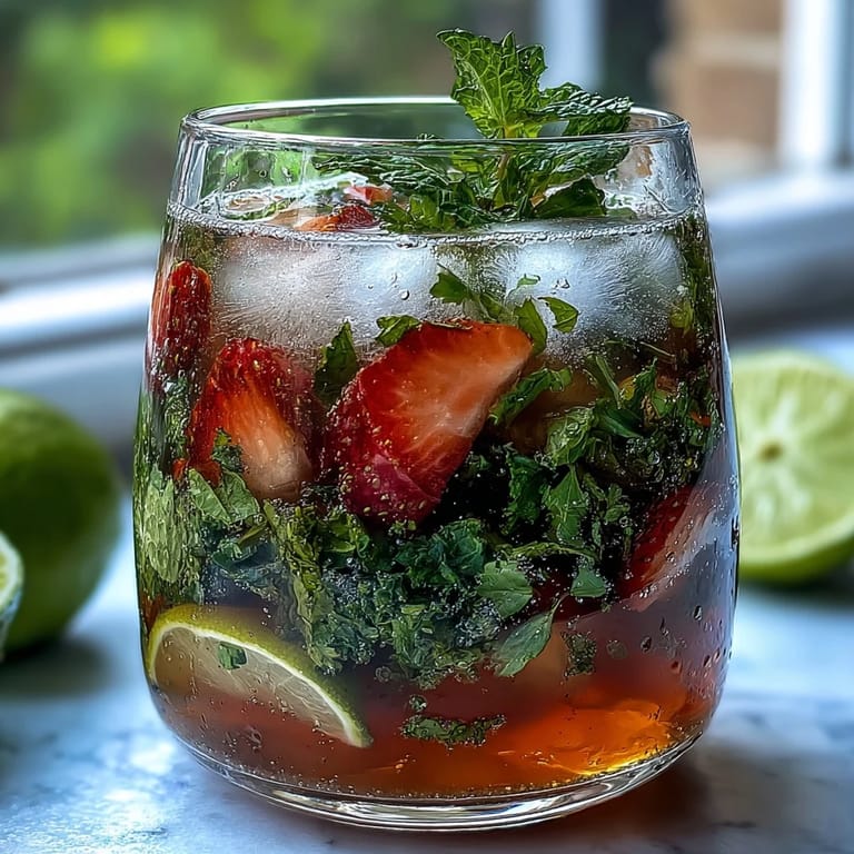 Chilled mojito pitcher featuring muddled mint, zesty lime, and ripe strawberries, offering a festive, alcohol-free drink for any celebration.