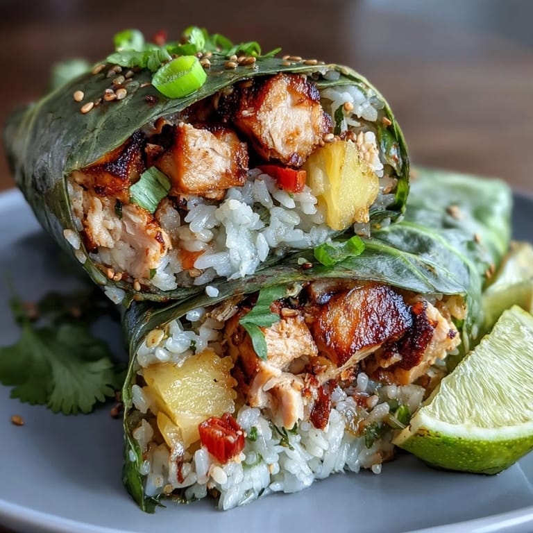 Tropical pineapple chicken and rice wrapped in fresh lettuce leaves, topped with sesame seeds and green onions for a bright, healthy dish.